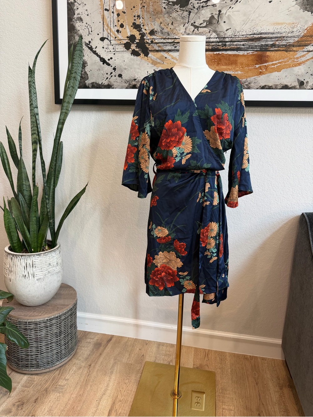 Boohoo Navy Floral Wrap Dress with Red & Beige Blooms - Picture 6 of 14